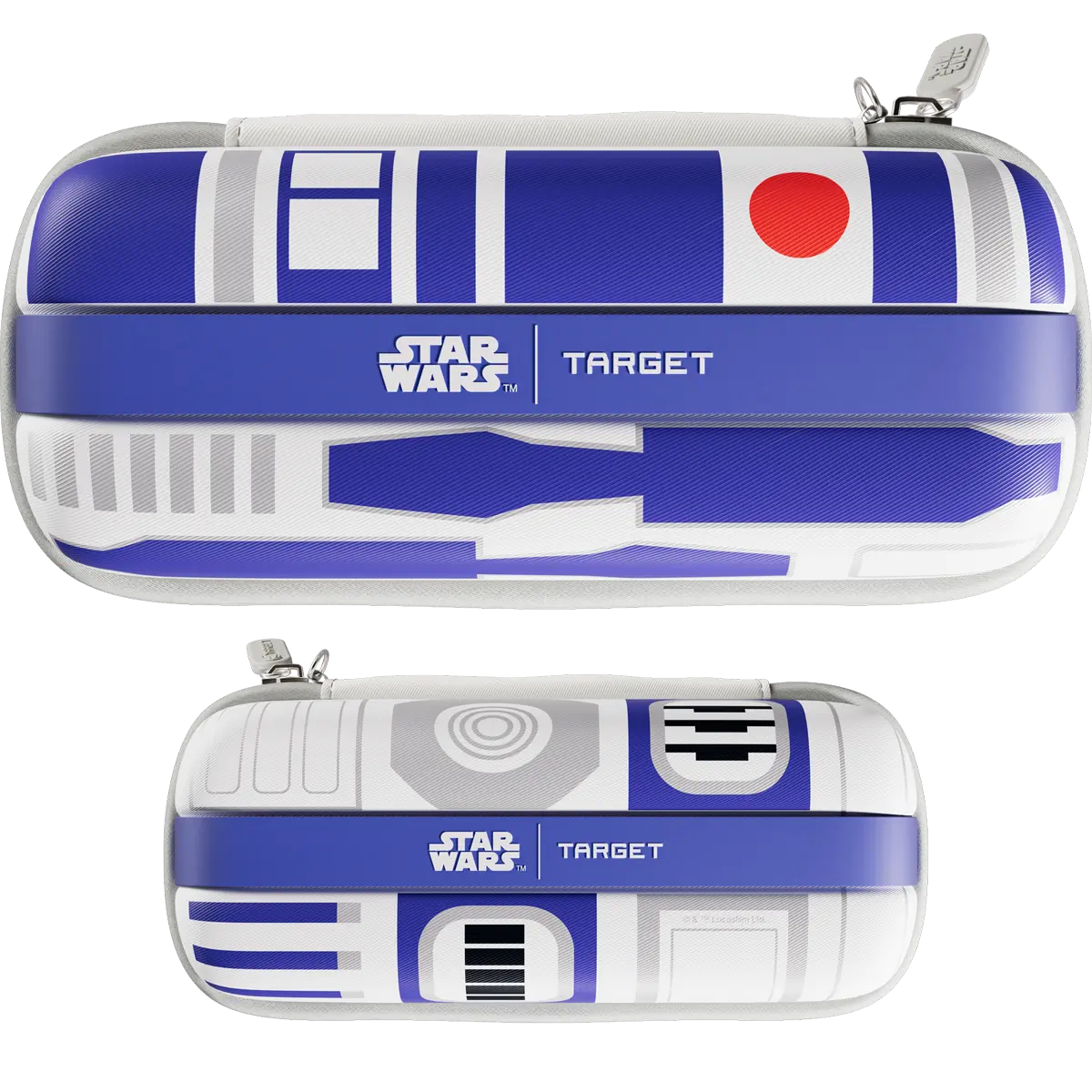 Geschlossenes Target Star Wars R2-D2 BOA Dart Wallet in zwei Perspektiven mit blau-weißem R2-D2 Muster.