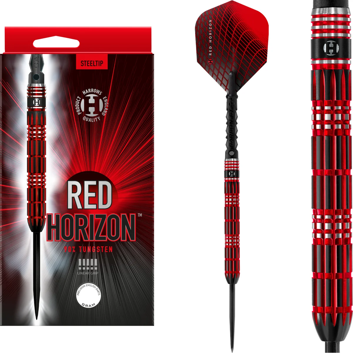 Harrows Red Horizon Steeldarts 23g Komplettset mit 90 % Tungsten Barrels, Carbon ST Shafts und Standard Flights
