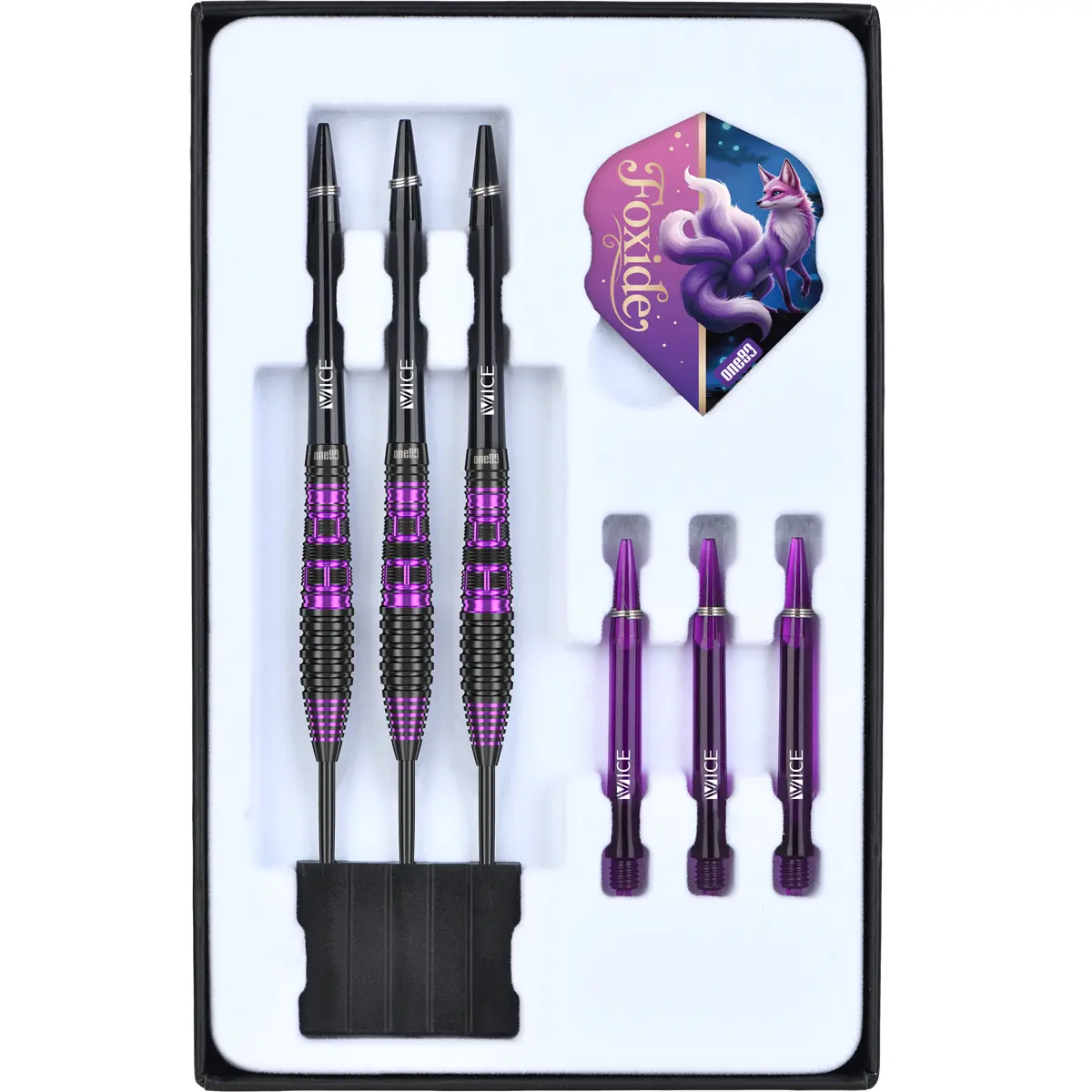 Lieferumfang der One80 Foxide F2 Steeldarts mit Barrels, Vice Shafts und Foxide Standard Flights