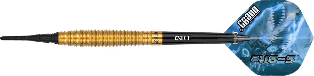 One80 S-Bite S B2 Softdarts seitliche Ansicht mit goldenen Barrels