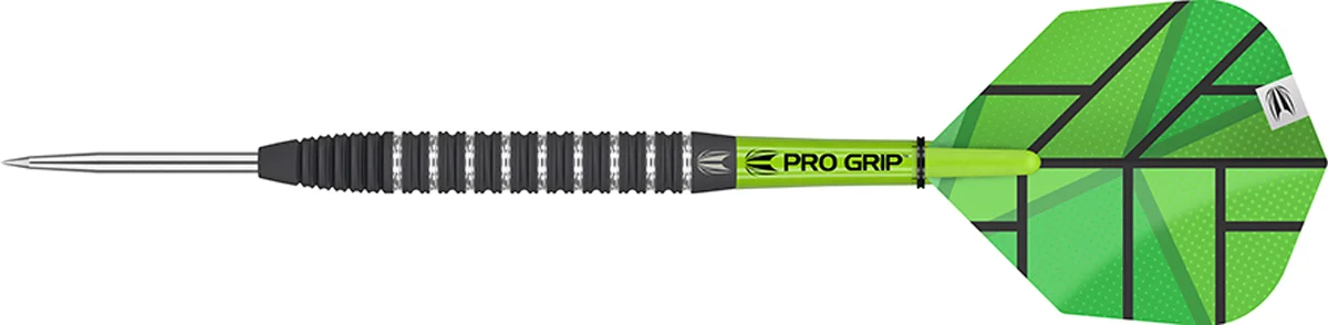 Target Yohkoh 02 Steeldarts 25g Dartpfeil in seitlicher Komplettansicht mit schwarzem Tungsten Barrel und Standard Flights