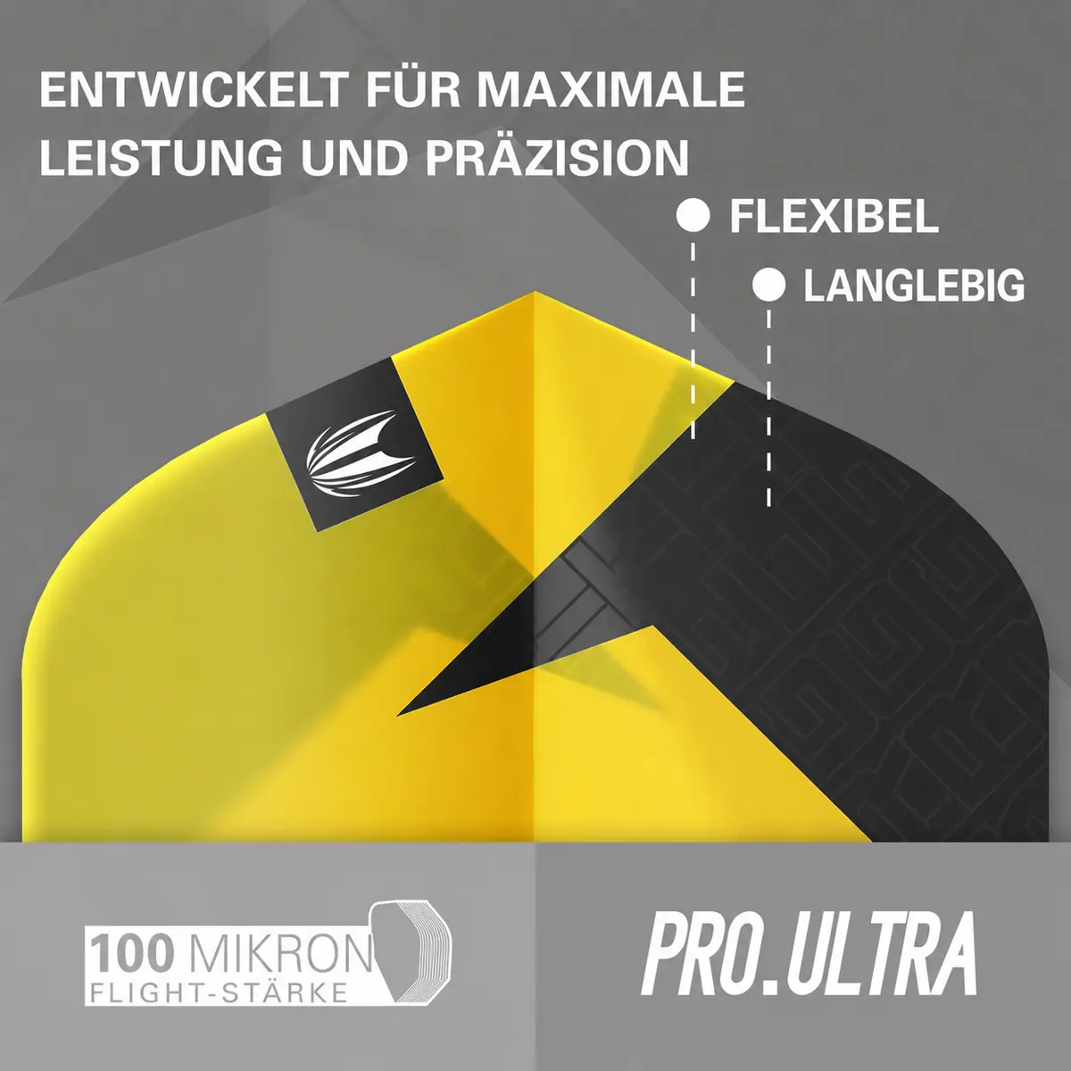 Werbegrafik der Target TAG Flights No2 gelb mit Pro Ultra Material, 100 Mikron Flight-Stärke, flexibel und langlebig
