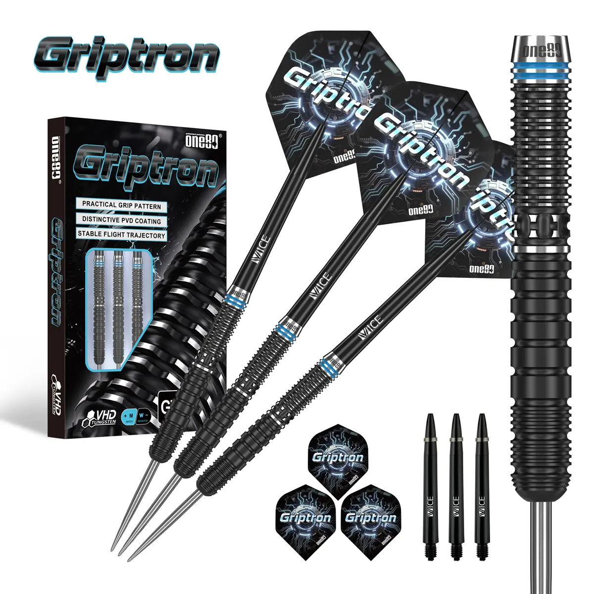 One80 Griptron GT4 Steeldarts mit Zubehör – Vice Shafts und Griptron Flights