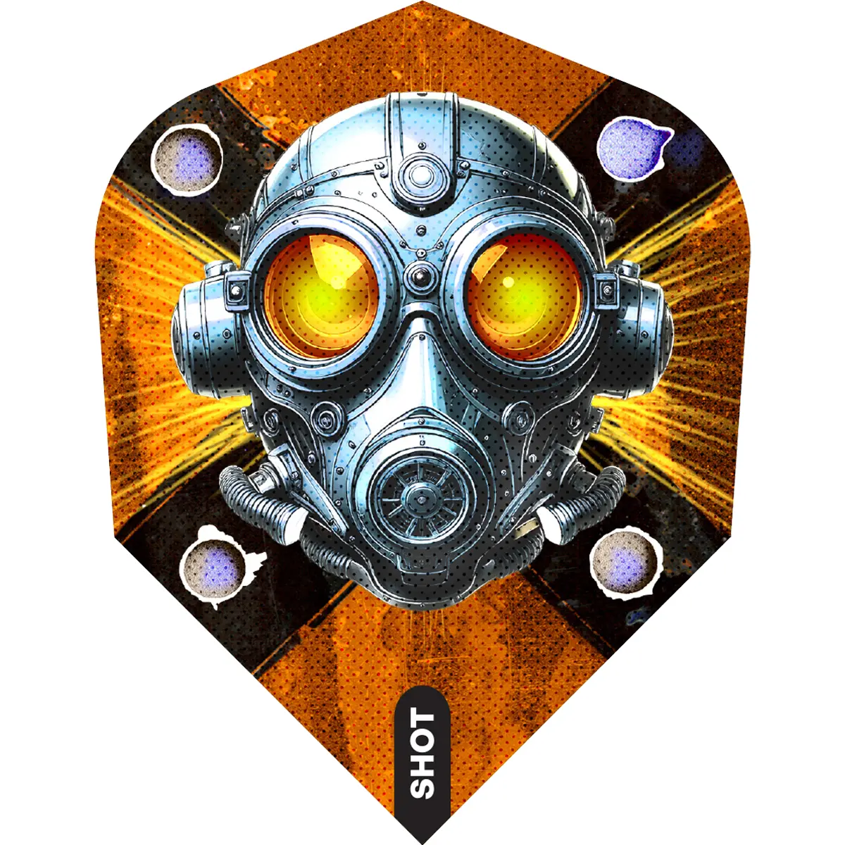 Shot Badlands Rustin Flight No.6 einzeln | Dartgott Shot Badlands Rustin Flight No.6 einzeln – markantes Gasmaske-Motiv in Silber mit gelben Optiken auf orange-schwarzem Design, 100 Micron