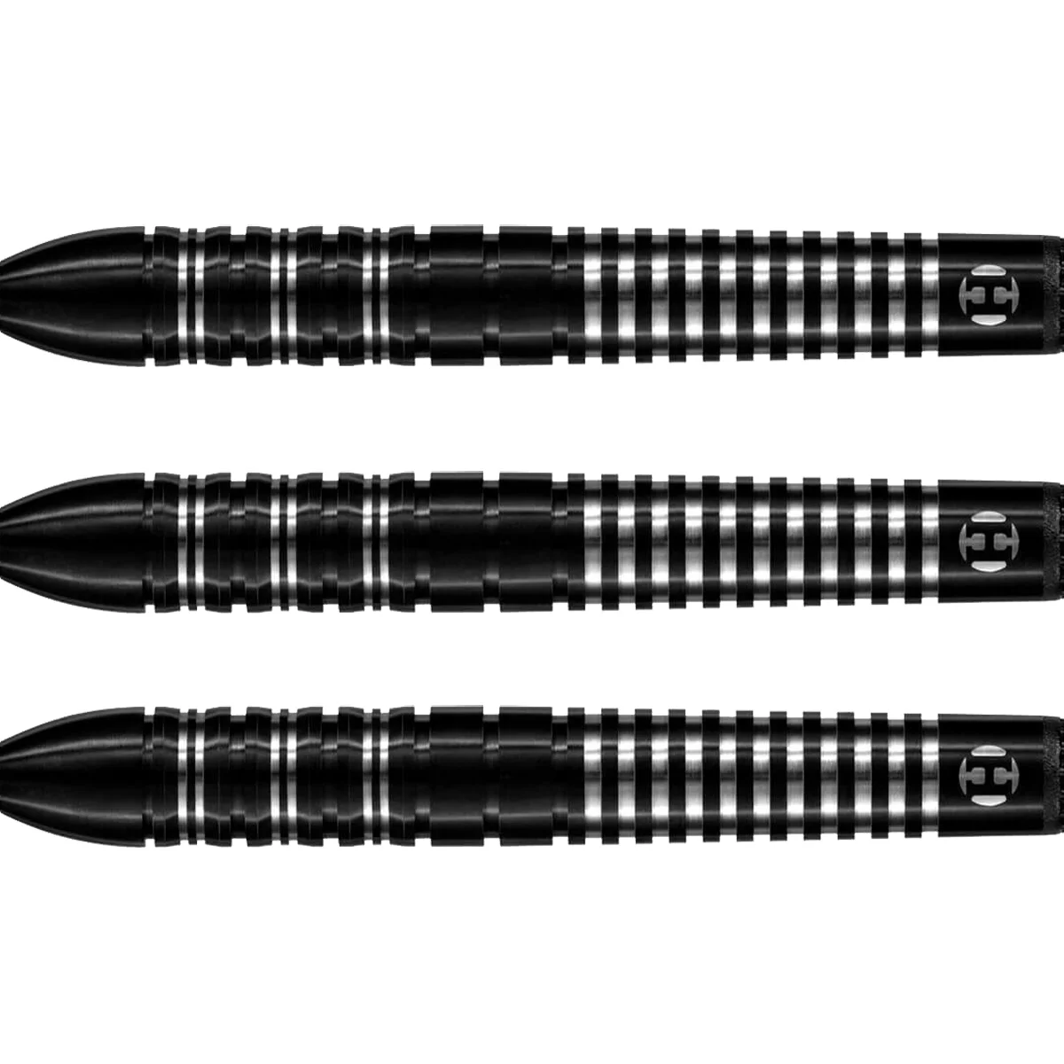 Barrel-Details der Harrows Damon Heta Black Steeldarts mit schwarzer Titanium-Beschichtung und markantem Ringed Grip