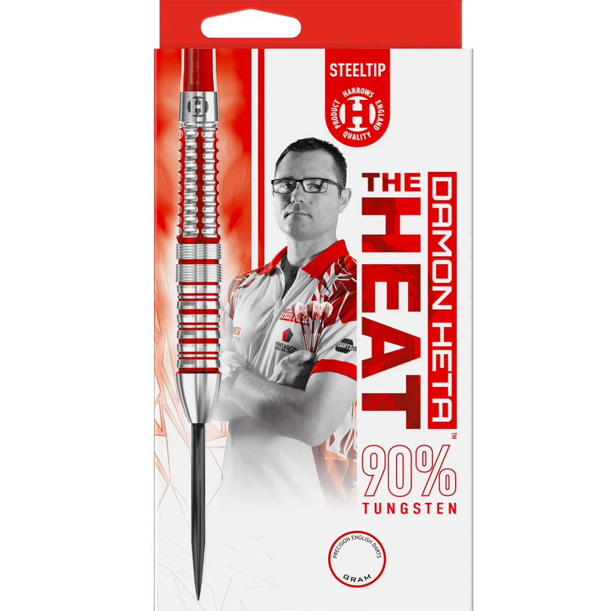Harrows Damon Heta 90 Prozent Steeldarts Verpackung in Rot und Silber