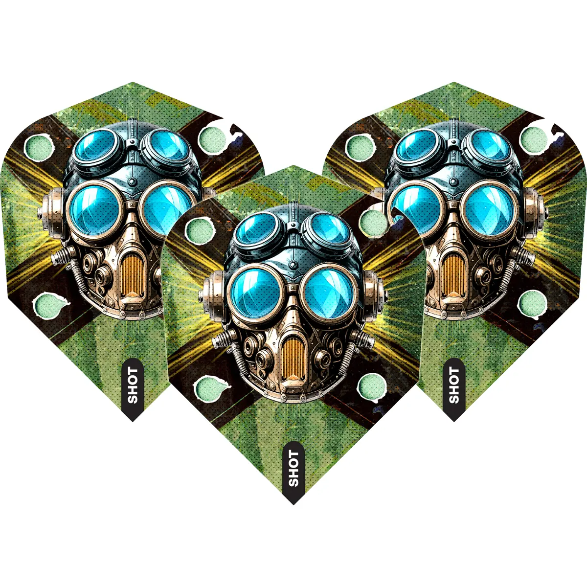 Shot Badlands Krush Flight No.6 einzeln – Gasmaske mit blauen Linsen und Metall-Details auf grün-schwarzem Hintergrund, 100 Micron Polyester