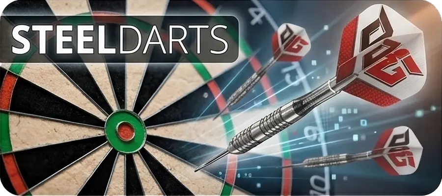 Steeldarts mit Tungsten Barrel im Flug vor klassischem Dartboard – präzise Dartpfeile für ambitionierte Spieler