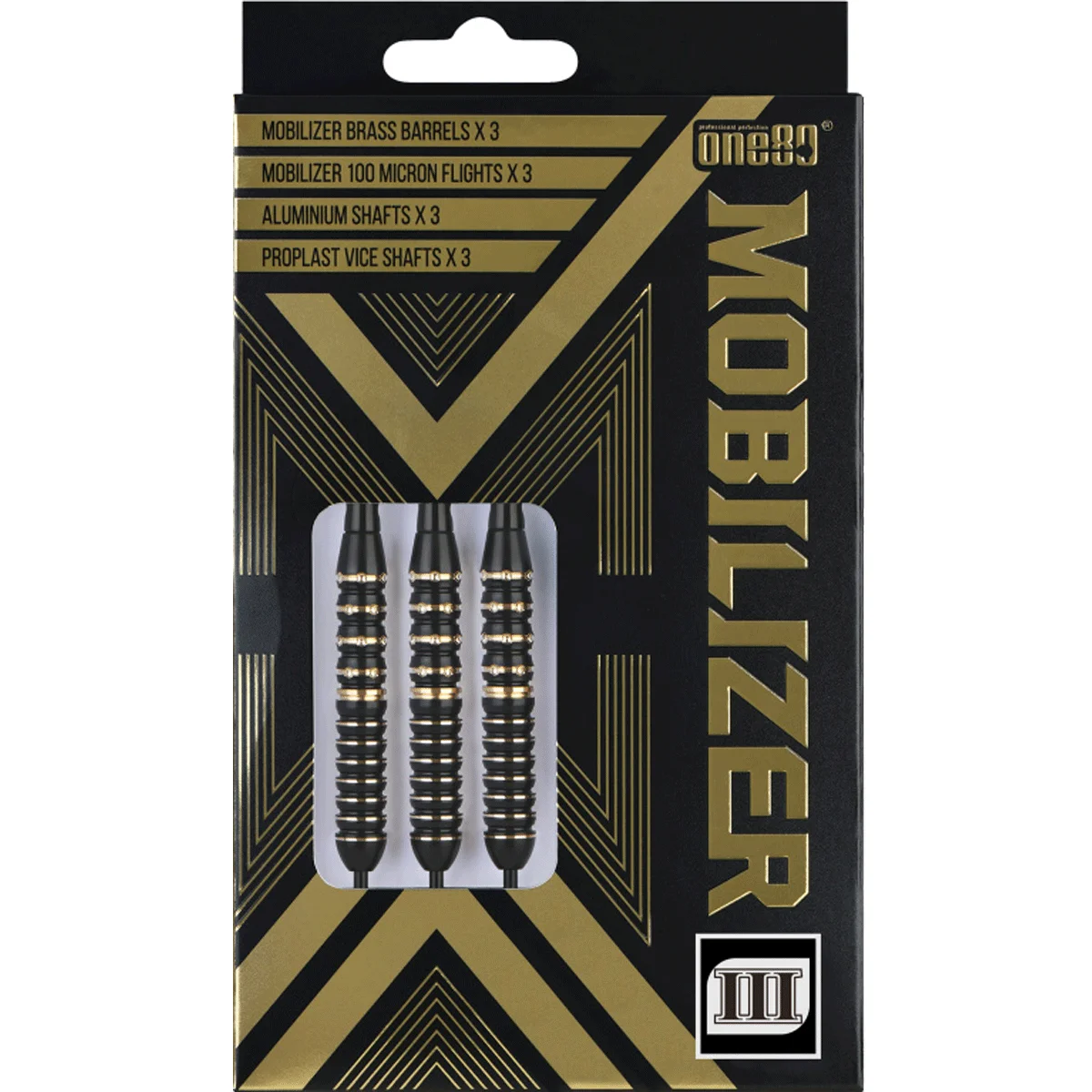 One80 Mobilizer 03 Steeldarts in Verpackung – Schwarz-Gold Design mit sichtbaren Brass-Barrels
