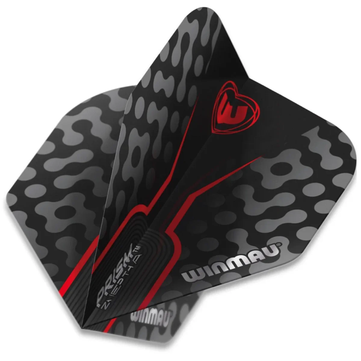 Prism Zeta Flight 3D Ansicht – Winmau, Schwarz Grau Rot Winmau Prism Zeta Flight aufgefaltet – Schwarz, Grau & Rot