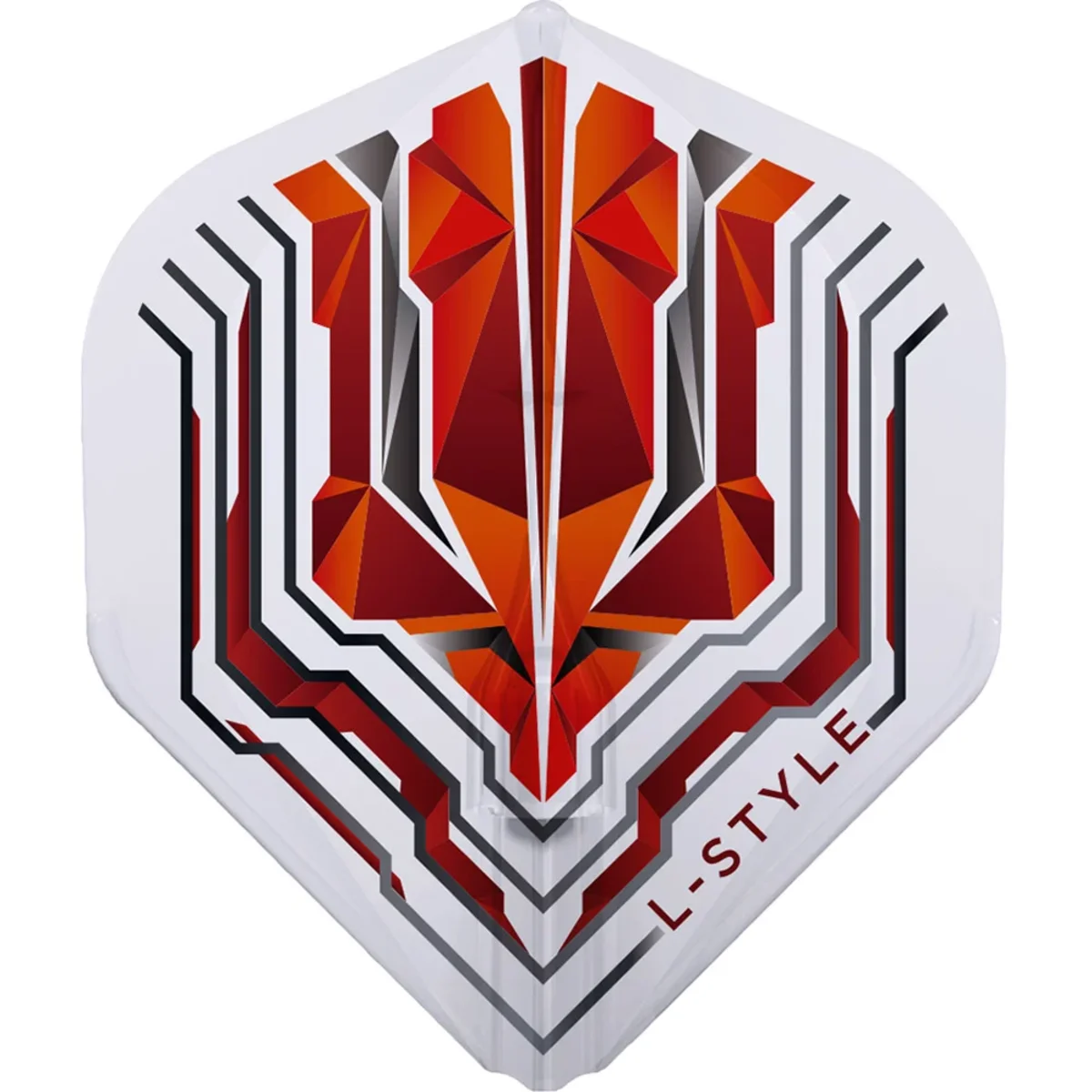 Detailansicht eines roten L-Style Origin EZ L1 Flights; zeigt das energetische geometrische Muster, das Logo und die verstärkte Aufnahme für den Dart-Shaft.