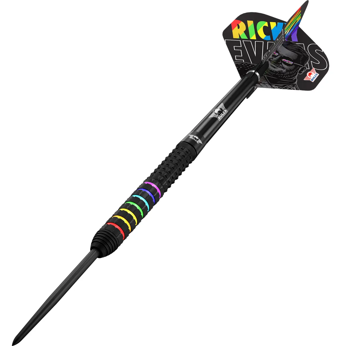 Perspektivansicht der Bull’s NL Ricky Evans 95 % Steeldarts 23 g mit schwarzem Barrel und Rainbow-Grip
