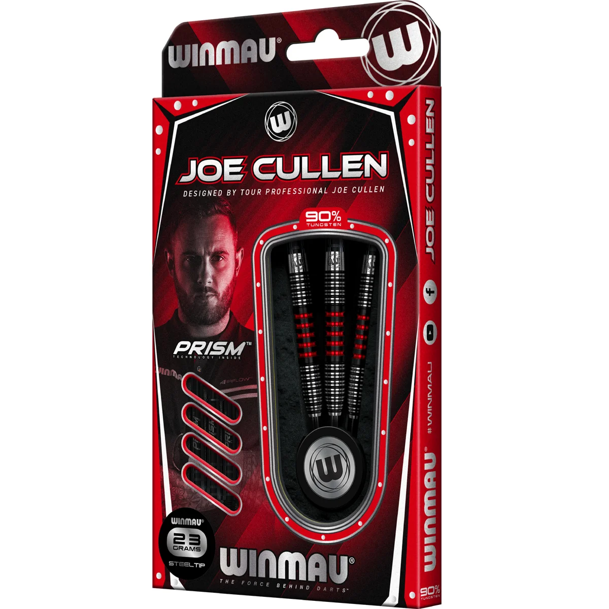 Winmau Joe Cullen Steeldarts 90 Prozent Tungsten in Verpackung – Signature Modell in Rot und Schwarz