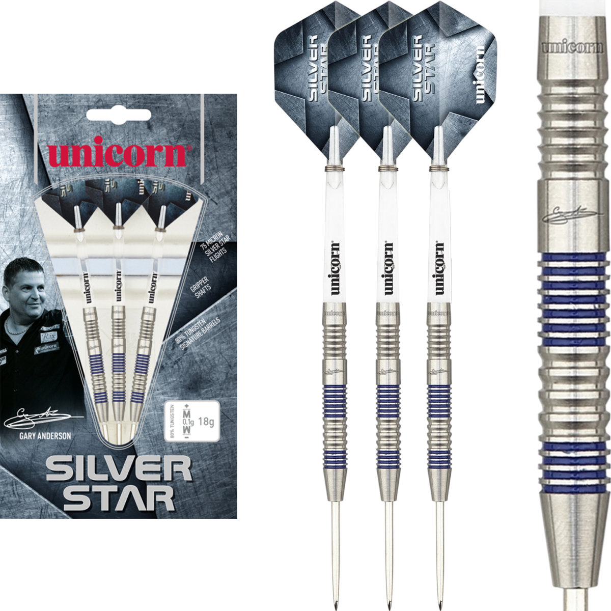 Unicorn Gary Anderson Silver Star P2 Steeldarts Komplettset mit Flights und Shafts