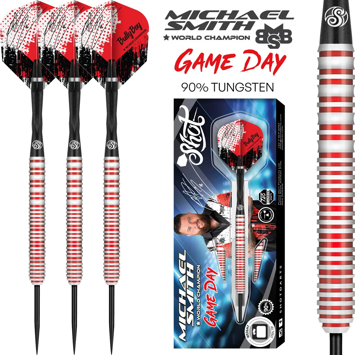 Shot Michael Smith Game Day Steeldarts – 90 % Tungsten Darts mit Bully Boy Design Shot Michael Smith Game Day Steeldarts – 90 % Tungsten Darts mit Bully Boy Flights und Verpackung