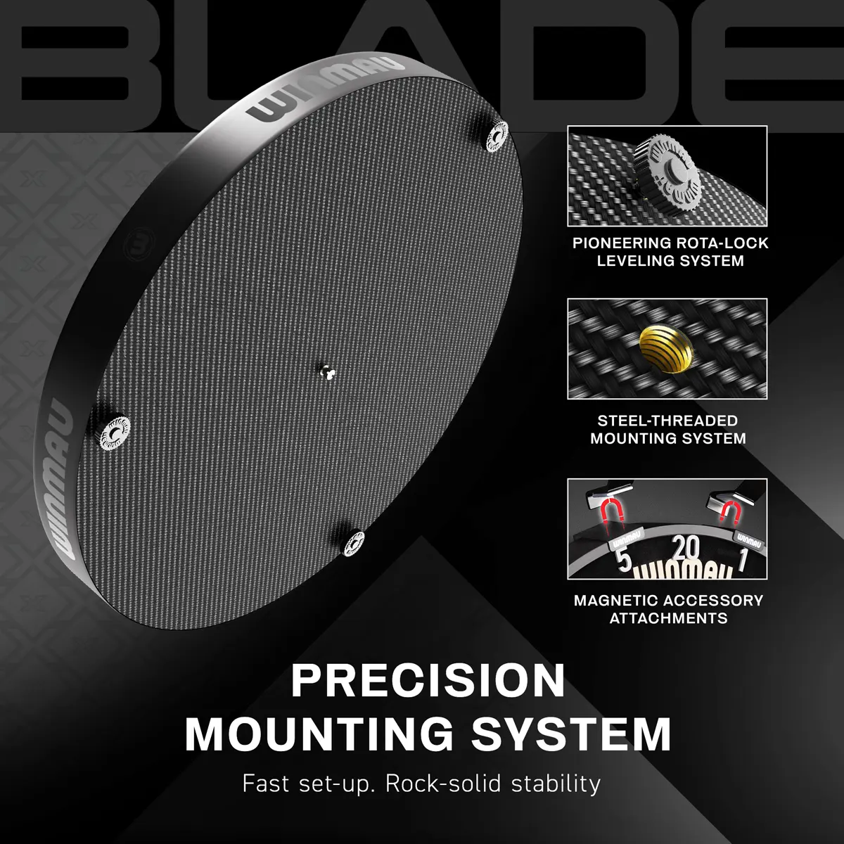 Winmau Blade X Precision Mounting System mit Rota-Lock Leveling, Steel-Threaded Mounting und magnetischen Halterungen für Zubehör