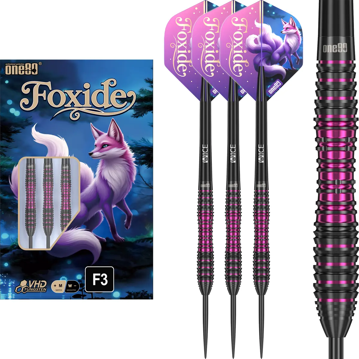 One80 Foxide F3 Steeldarts Komplettset mit Verpackung, Barrels, Flights und Shafts