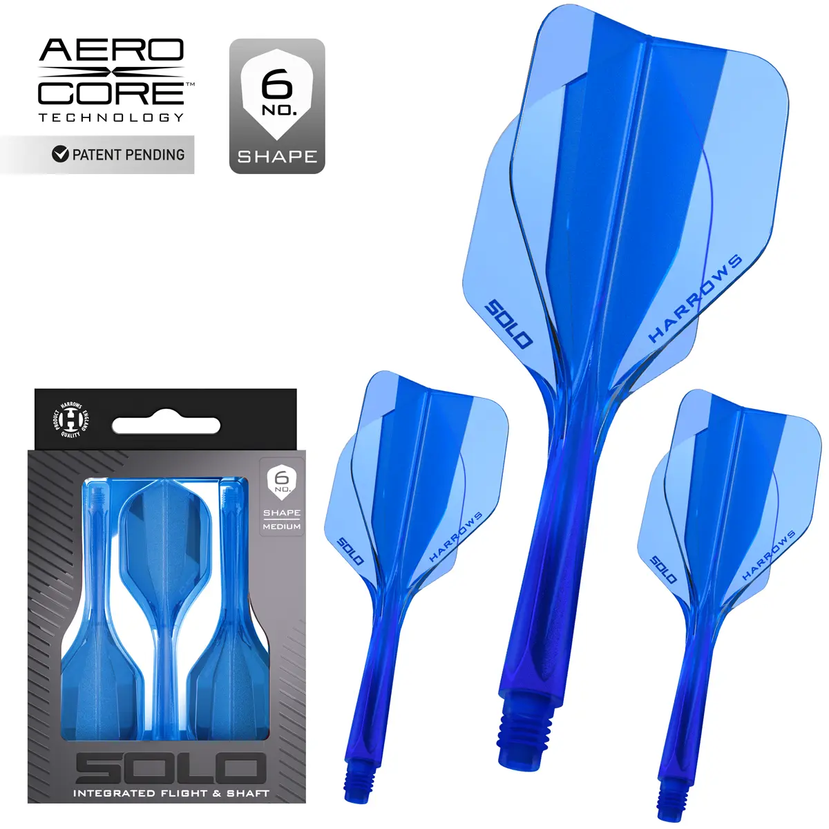 Harrows Solo Flight-Shaft System No.6 Blau mit Originalverpackung und drei montierten Integrated Flight-Shafts