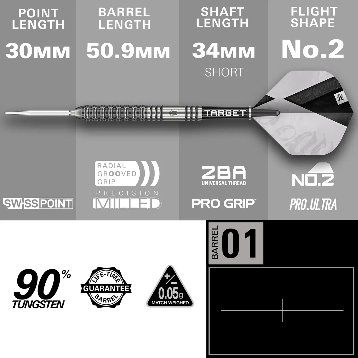 Target Beau Greaves Gen1 Swiss Point Steeldarts mit Längenangaben – Barrel 50,9 mm, Spitze 30 mm