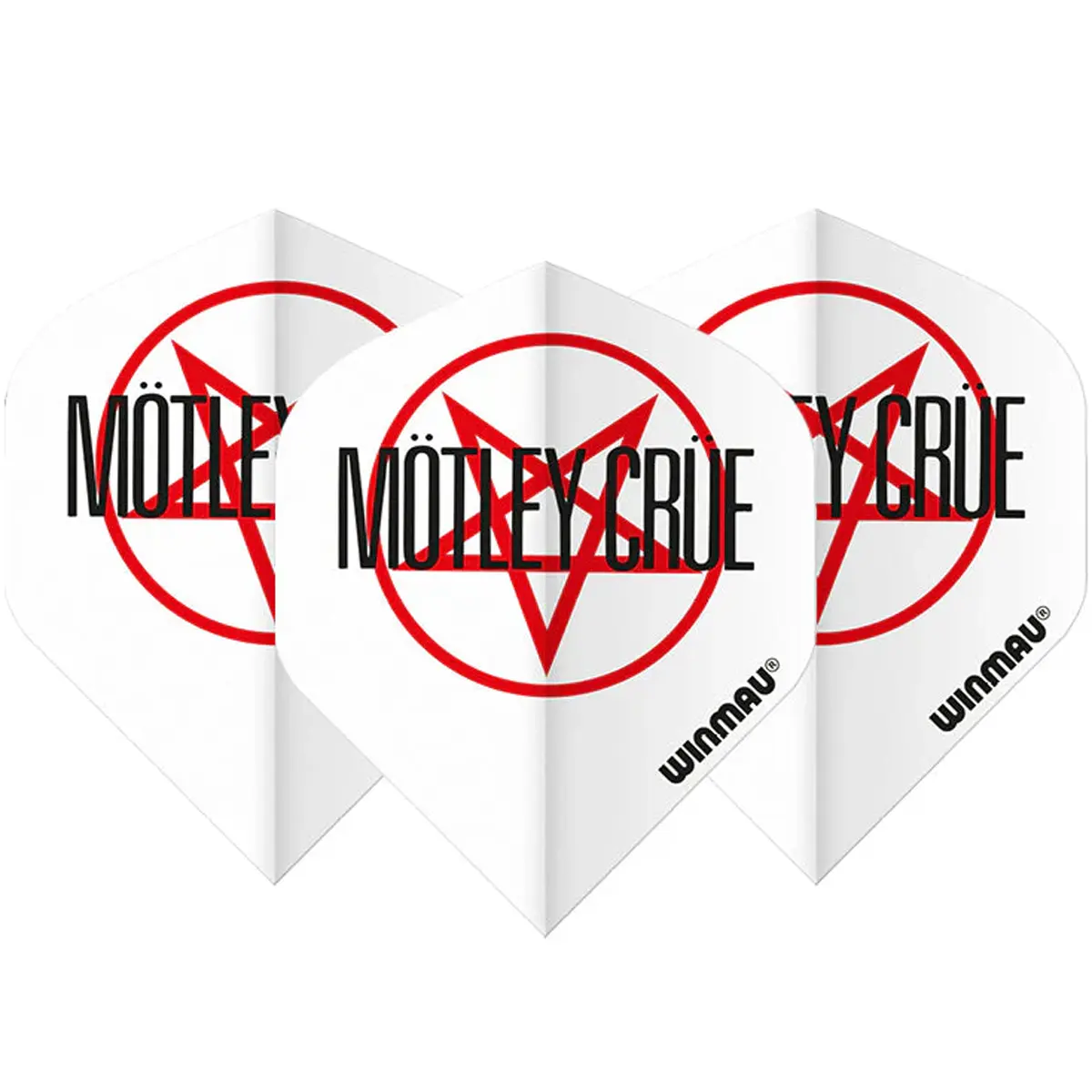Lieferumfang: 3er-Set weiße Winmau Mötley Crüe Dart Flights mit Pentagramm