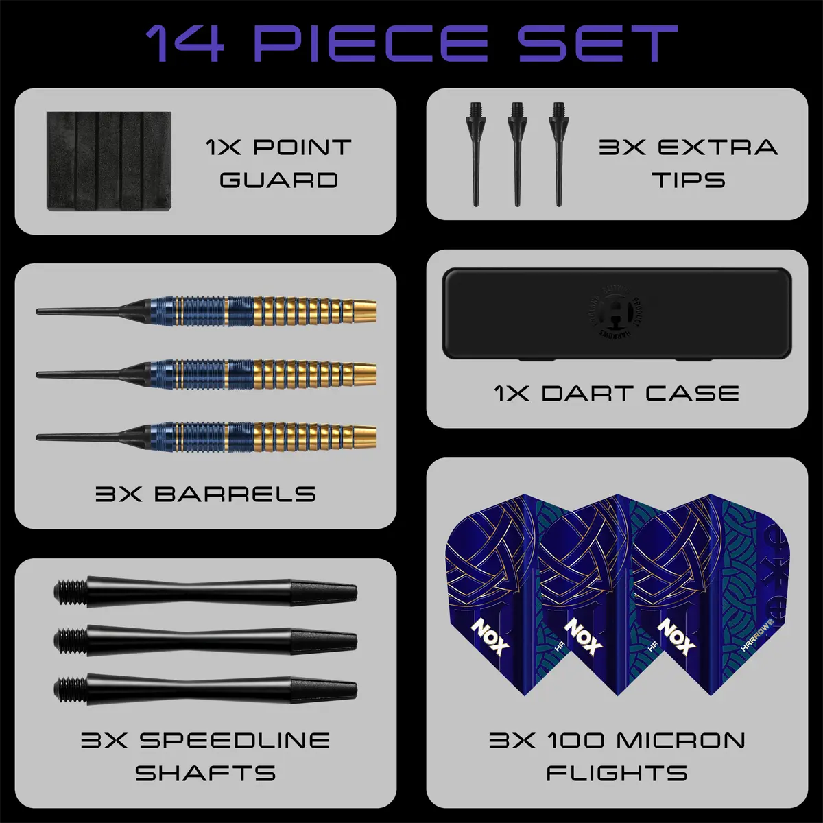 Lieferumfang der Harrows Nox Softdarts – 14-teiliges Set mit Barrels, Shafts, Flights, Softspitzen, Point Guard und Dartcase.