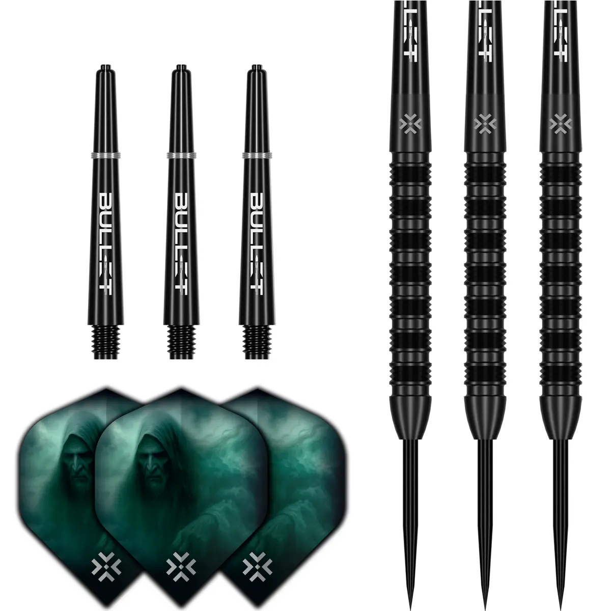 Bullet Shadow Steeldarts Komplettset mit drei Barrels, schwarzen Shafts und Shadow Flights