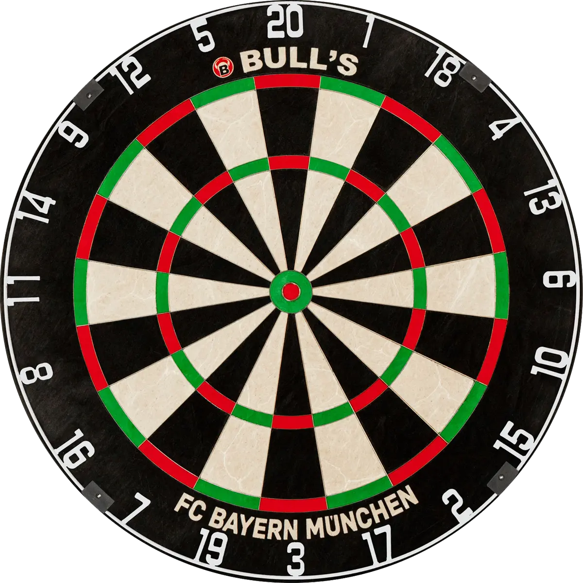 Frontalansicht des Bull’s FC Bayern München Bristle Dartboards mit dünnem Drahtsystem und Vereins-Schriftzug im Zahlenring