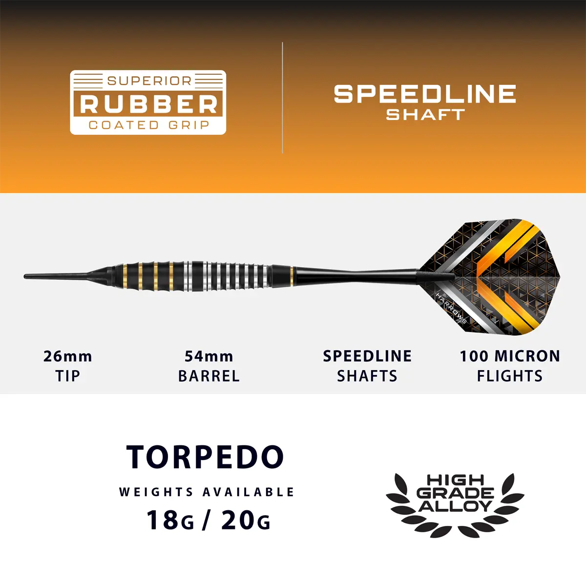 Technische Daten der Harrows Vulcan Softdarts – 54 mm Barrel, 26 mm Spitze, verfügbar in 18 g und 20 g mit Speedline Shafts und Standard Flights.