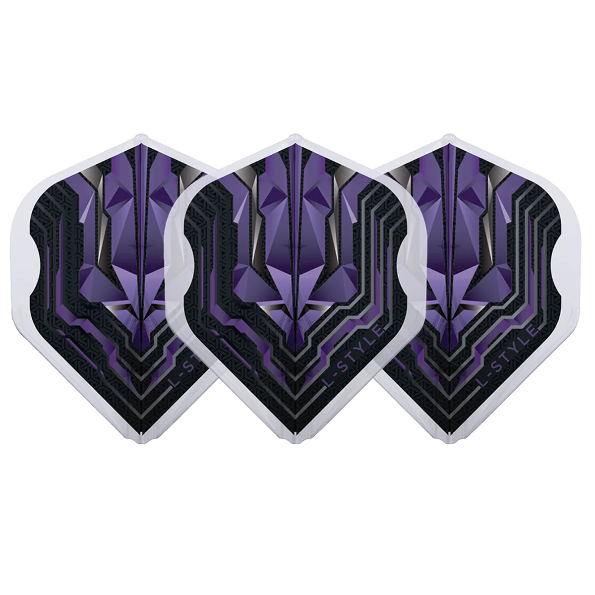 Drei L-Style Origin EZ L1 Flights in Purple und Schwarz; zeigt die stabile L1 Standard Form mit dem mechanischen Origin-Muster auf transparentem Grund.