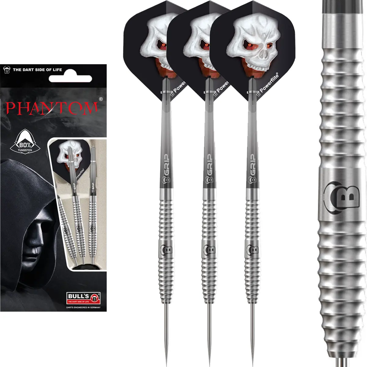Bull’s Phantom PT3 Steeldarts – Komplettansicht mit Verpackung Bull’s Phantom PT3 Steeldarts mit Barrel und Originalverpackung