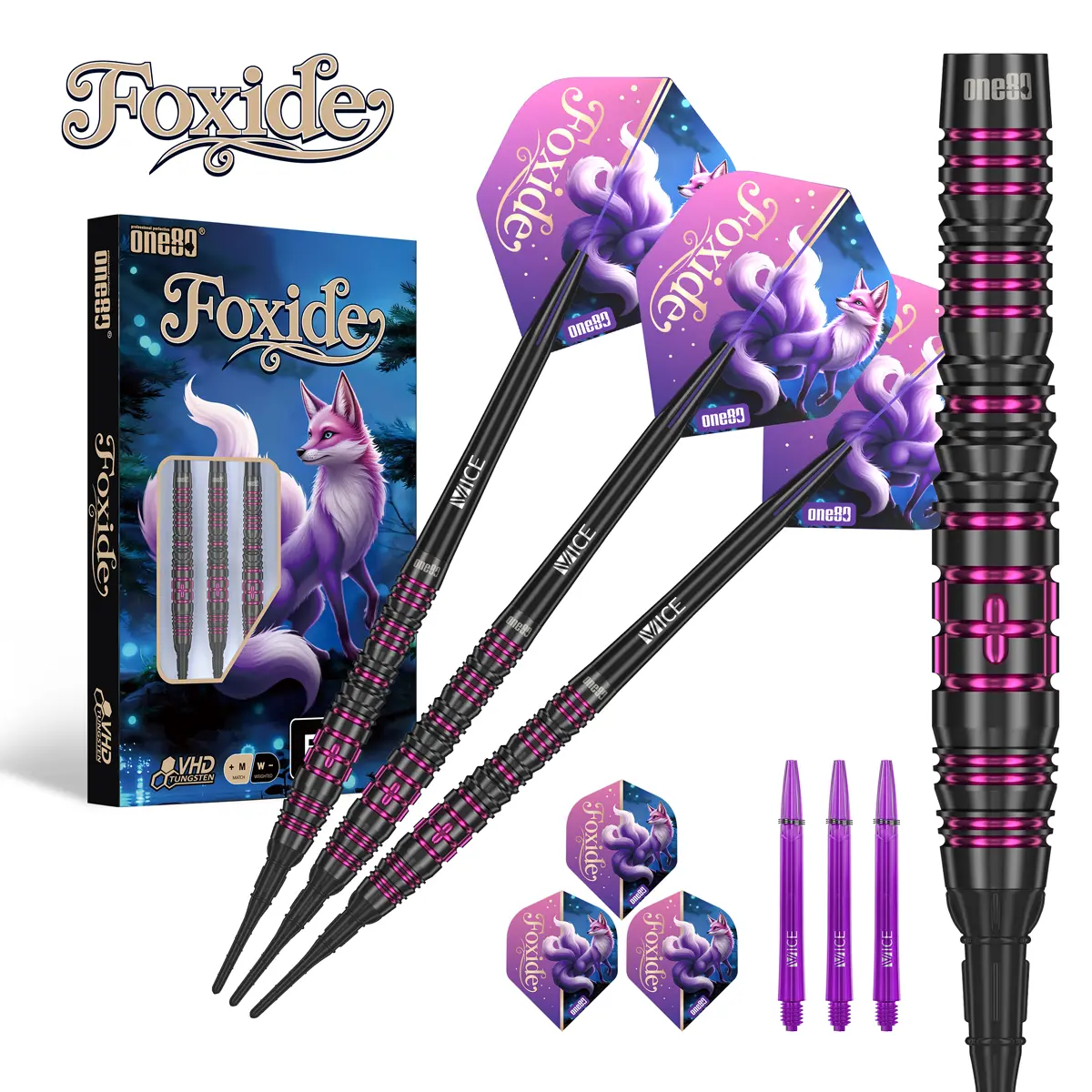 One80 Foxide F4 Softdarts in dynamischer Ansicht mit Torpedoform und kopflastigem Setup