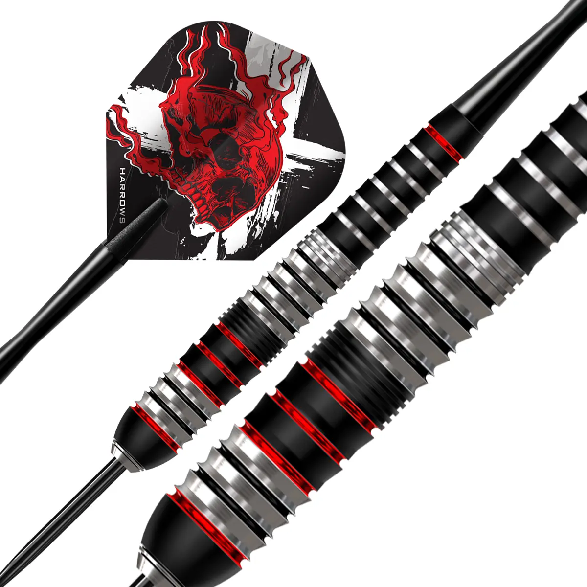 Harrows Heavy Metal Steeldarts – dynamische Nahaufnahme mit Skull-Flight und konischem Barrel