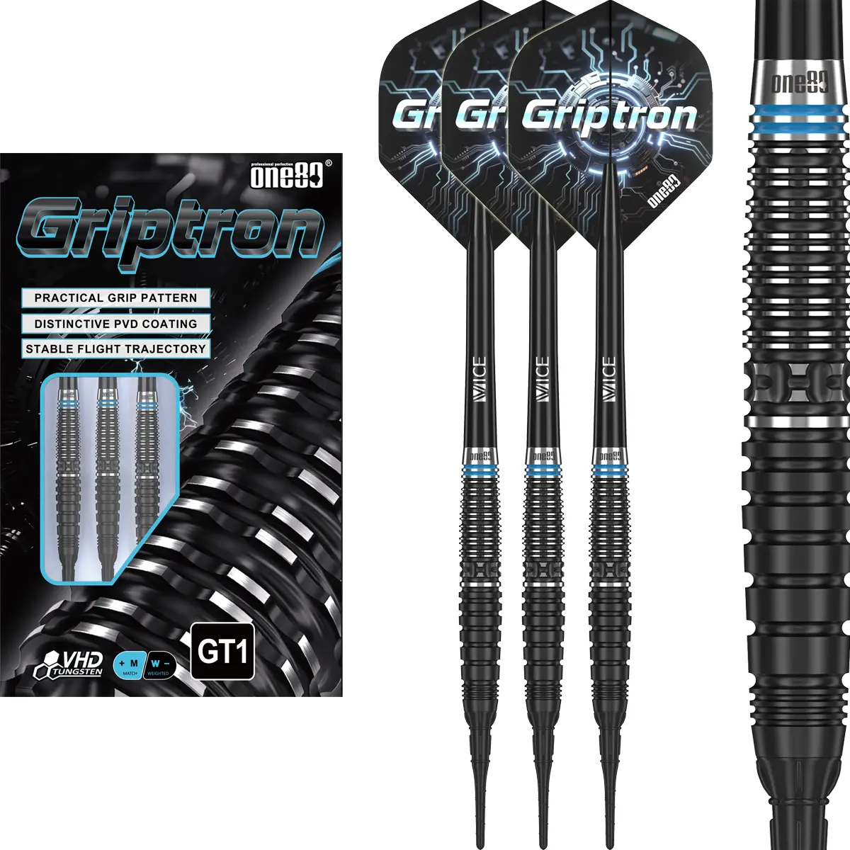 One80 Griptron GT1 Softdarts Set mit 90 % Tungsten, schwarzem PVD-Barrel, Griptron Flights, Vice Shafts und L-Style Lippoint Spitzen