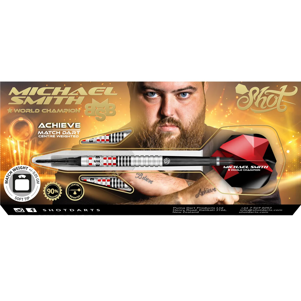 Shot Michael Smith Achieve Softdarts in Originalverpackung mit Bully Boy Design – 90 % Tungsten E-Darts