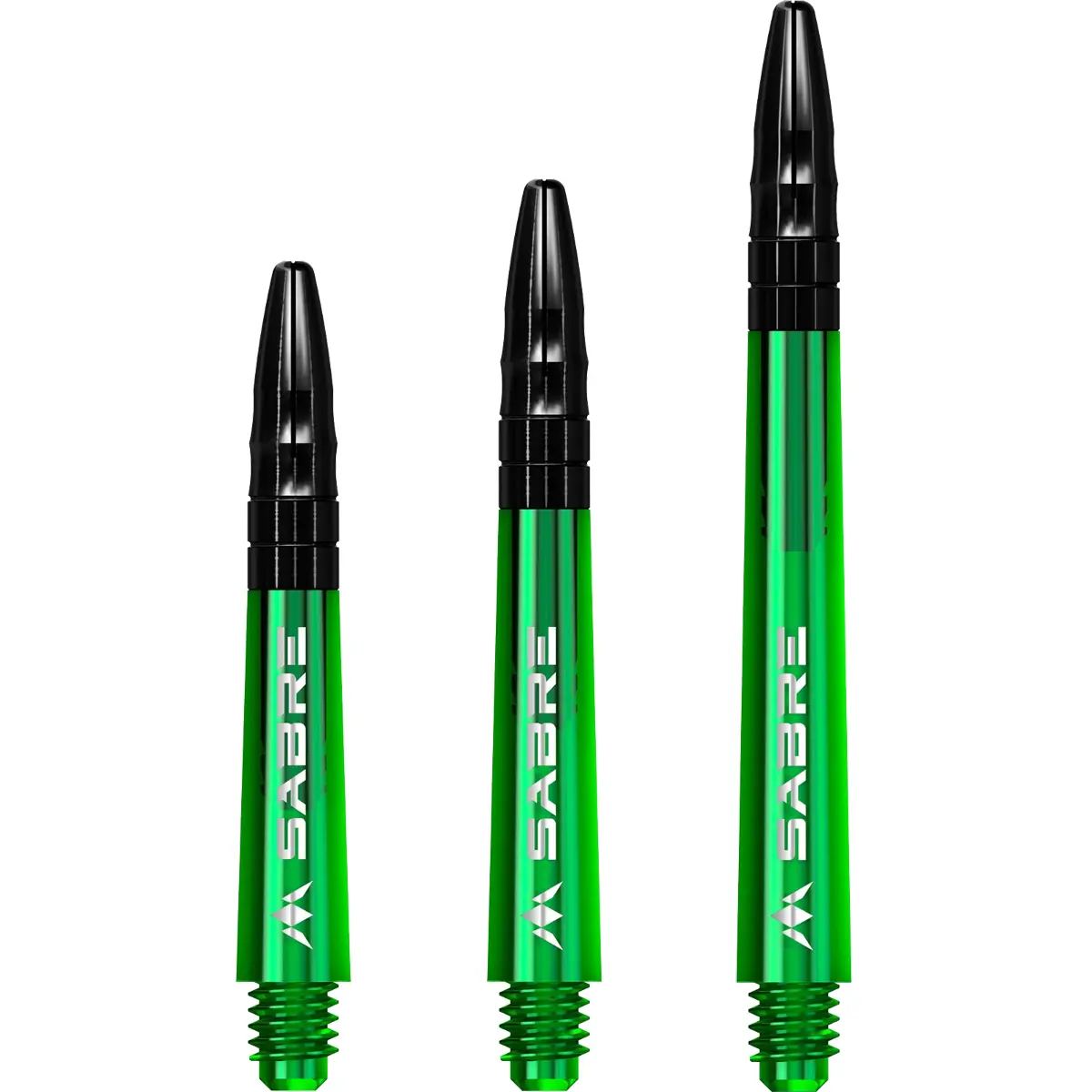 Mission Sabre Dart Shafts in der Farbkombination Grün-Schwarz. Set-Übersicht der verfügbaren Größen Short, Midi und Medium für ein individuelles Darts-Setup.