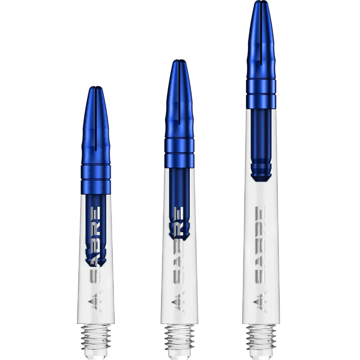 Mission Sabre Dart Shafts in Klar-Blau. Set-Ansicht der Größen Short, Midi und Medium. Transparentes Polycarbonat-Unterteil mit blau eloxiertem Aluminium-Top für maximale Stabilität.
