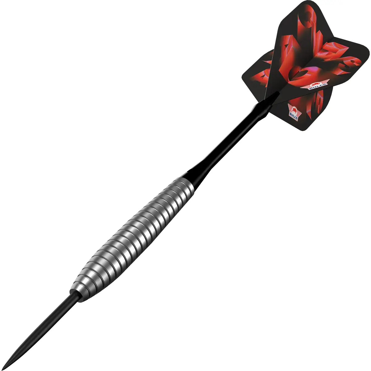 Bull's NL Chaos Red Steeldarts 90 % Tungsten – dynamische Ansicht mit schwarzem Schaft und roten Flights
