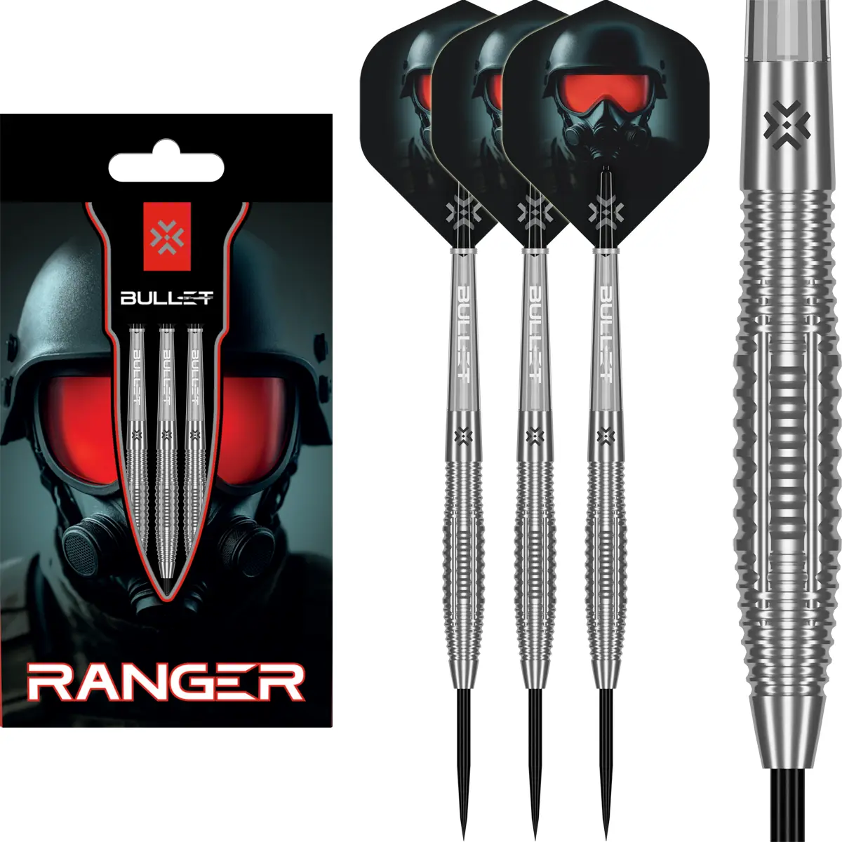 Bullet Ranger Steeldart in Seitenansicht mit silbernem Ring- und Gridgrip