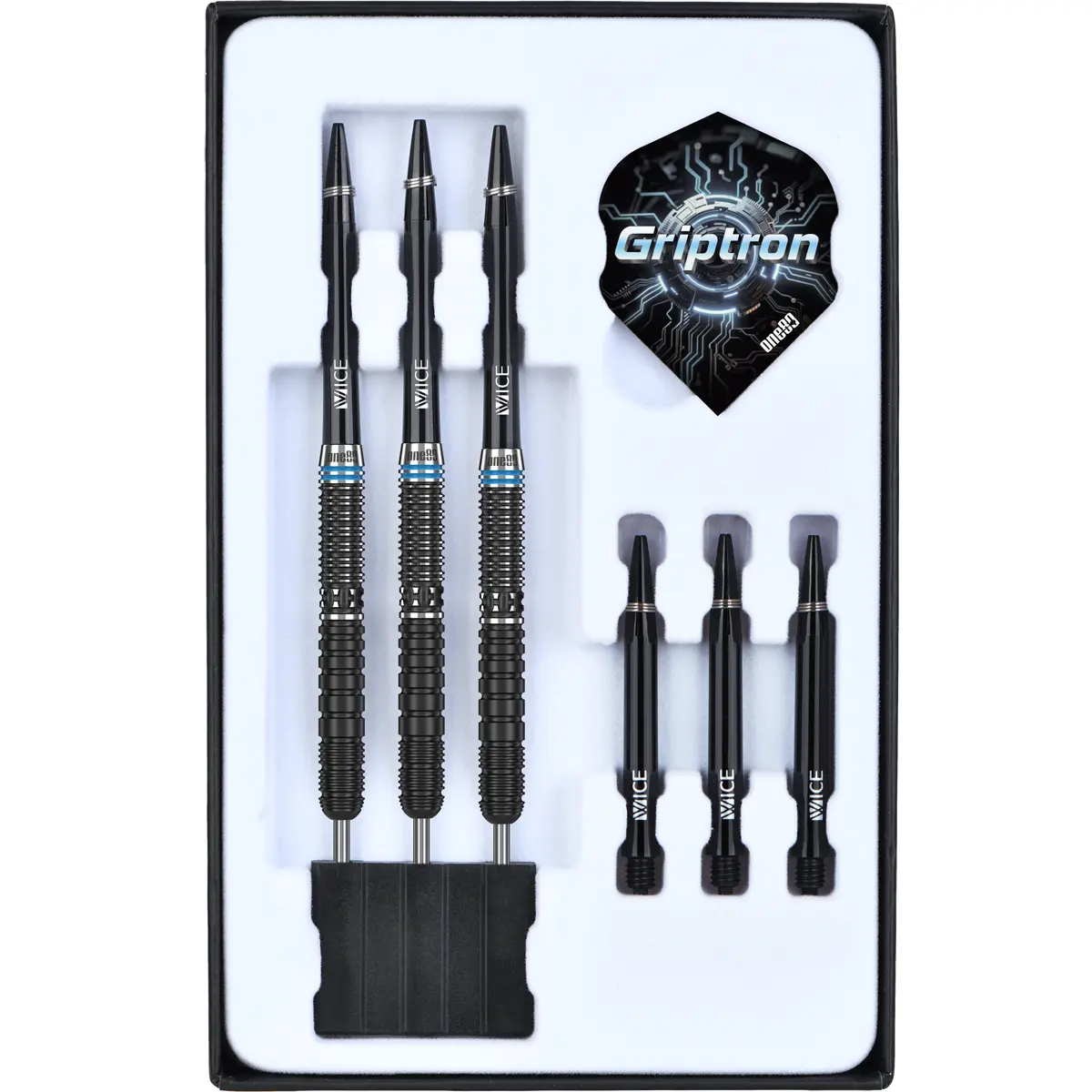 Lieferumfang One80 Griptron GT4 Steeldarts mit Vice Shafts und Griptron Flights
