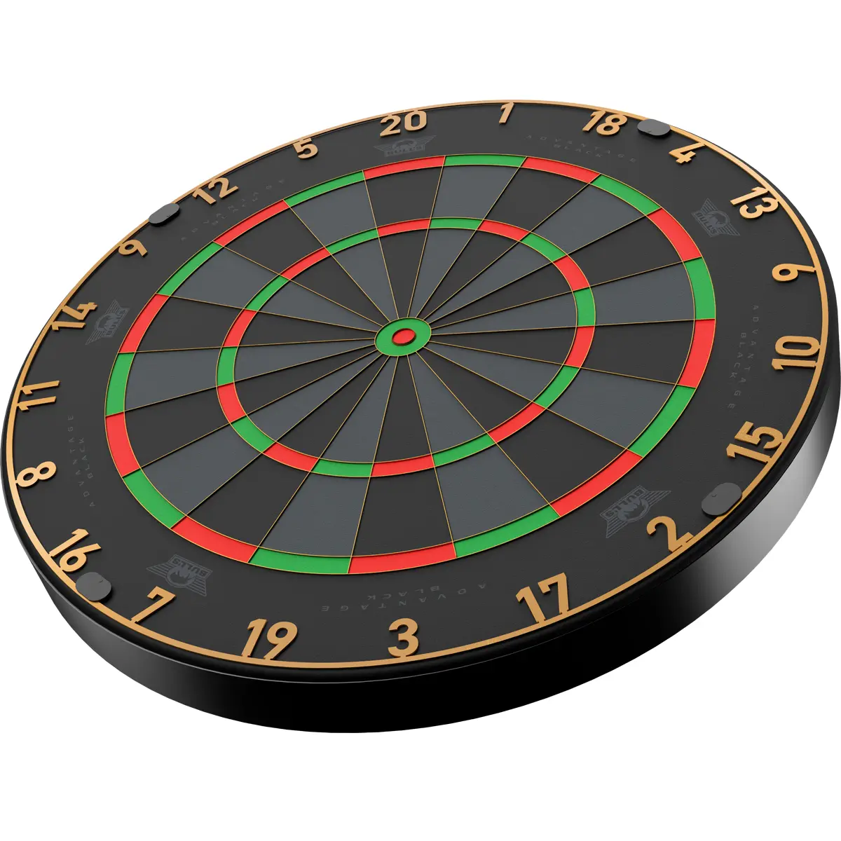 Bull's Advantage Black Dartboard in schräger Seitenansicht mit dunkler Spielfläche, goldener Verdrahtung und schwarzem Außenrand