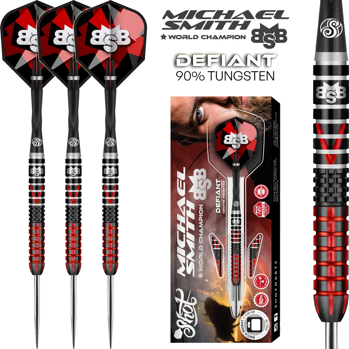 Shot Michael Smith Defiant Steeldarts – 90 % Tungsten Set mit Verpackung und Barrel-Detail Shot Michael Smith Defiant Steeldarts Set mit drei montierten Darts, Verpackung, Barrel-Nahaufnahme und 90 % Tungsten Schriftzug