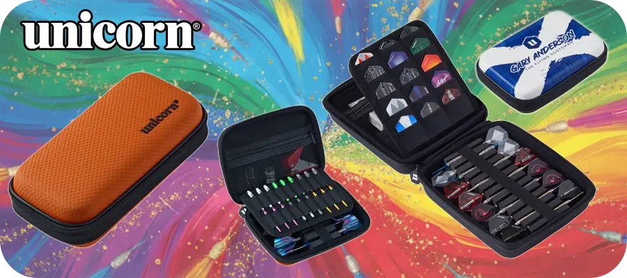 Unicorn Darttaschen und Hardcases in verschiedenen Farben und Größen, inklusive Gary Anderson Edition und Zubehörfächern.
