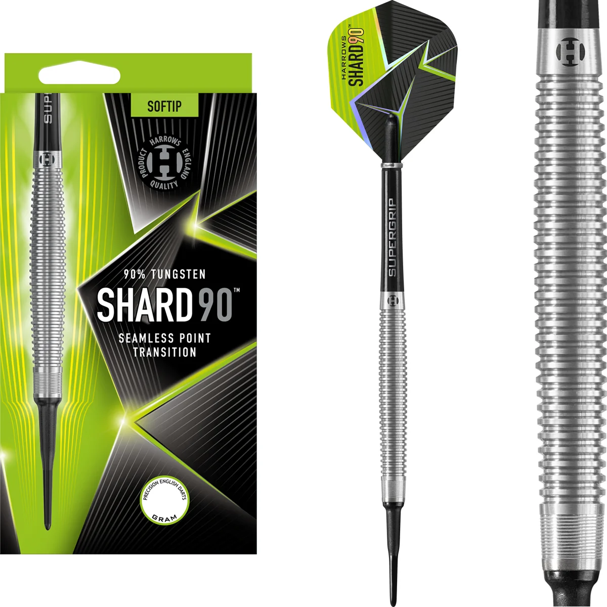 Harrows Shard Softdarts Set mit 18g 90% Tungsten Barrels, Supergrip Shafts und Shard Flights.