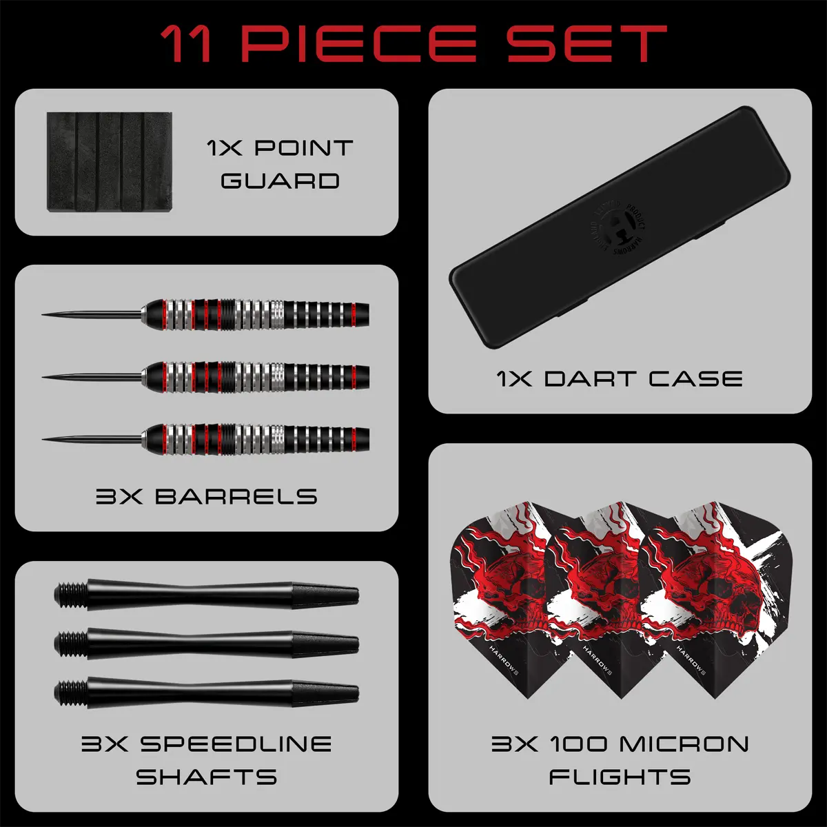 Lieferumfang der Harrows Heavy Metal Steeldarts mit Dartcase, Flights, Shafts und Point Guard – 11-teiliges Set