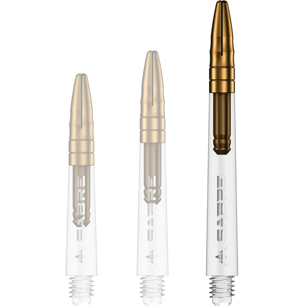 Mission Sabre Dart-Schaft in Klar-Gold, Größe Medium. Langer transparenter Schaft mit goldenen Akzenten für eine ruhige Flugbahn und maximale Eleganz.