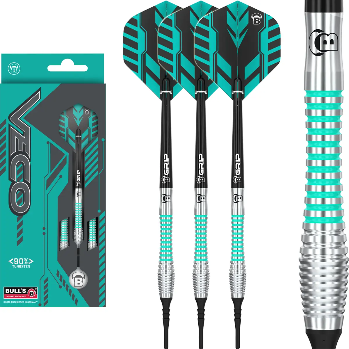 Bulls Veco V2 Softdarts – Komplettset mit 3 Pfeilen und Verpackung Bulls Veco V2 Softdarts Set mit 3 Pfeilen, Verpackung und Barrel-Detail