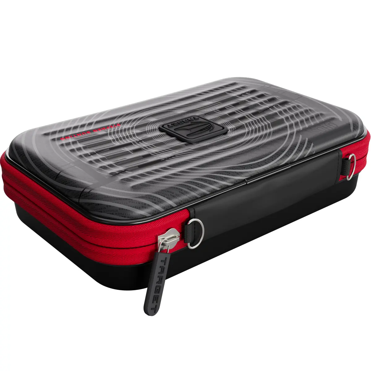 Target Takoma XL Ghost Stephen Bunting Dartcase 45 Grad Ansicht mit rotem Reißverschluss und Hardcase