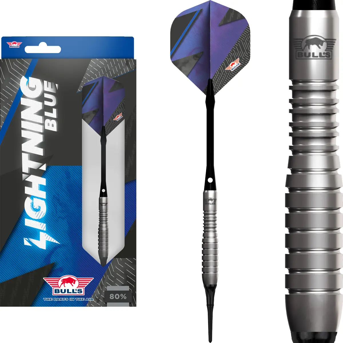 Bull’s Lightning Blue Softtip – vollständiges Dartset mit 80 % Tungsten Komplettes Bull’s Lightning Blue Dartset mit Softdarts, Flights und Shafts