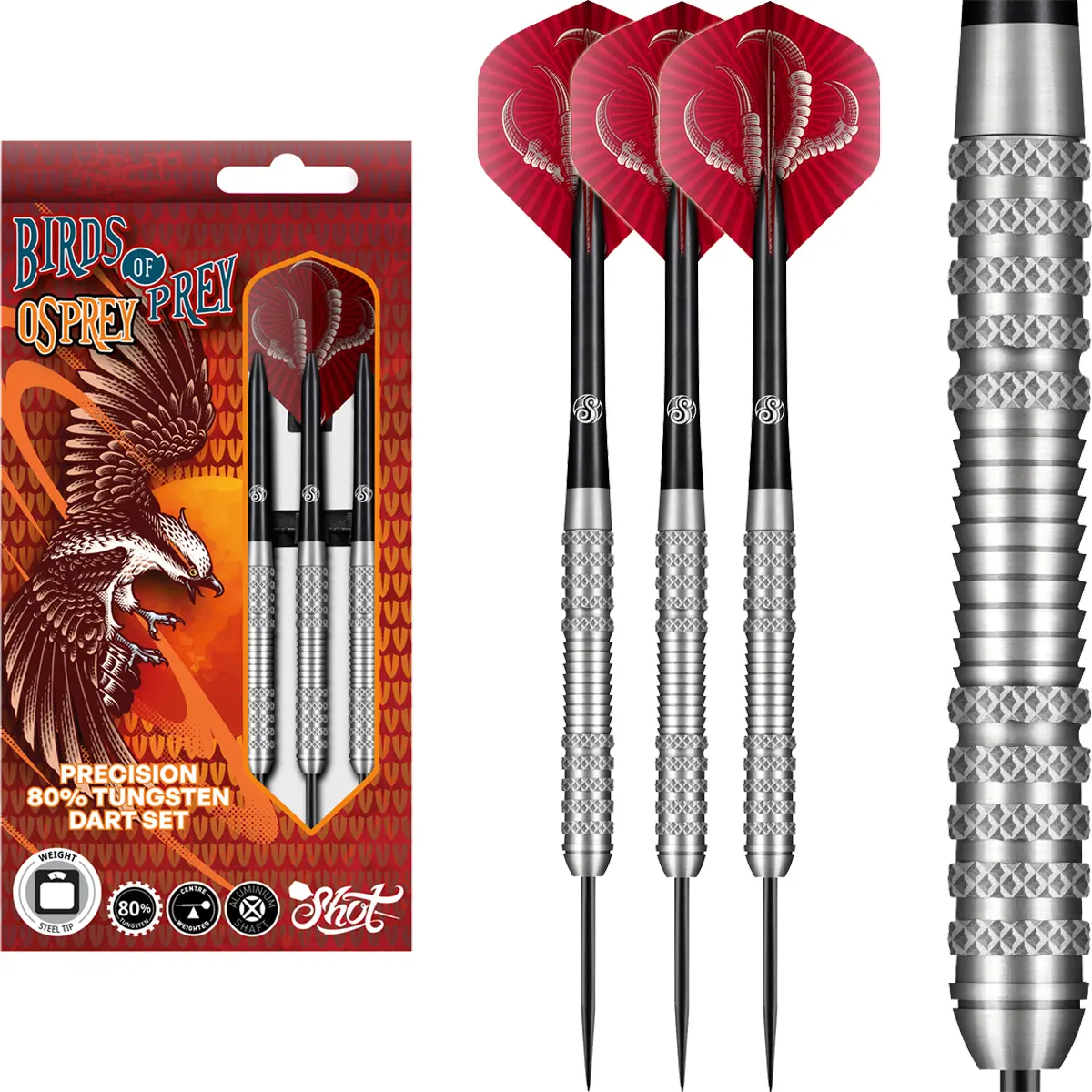 Shot Birds of Prey Osprey Steeldarts Komplettset mit 90 % Tungsten Barrels, Flights und Shafts