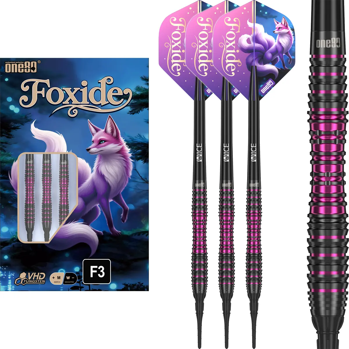 One80 Foxide F3 Softdarts Komplettset mit 90 % Tungsten Barrel, Griffmulde sowie Ringed- und Sharkgrip